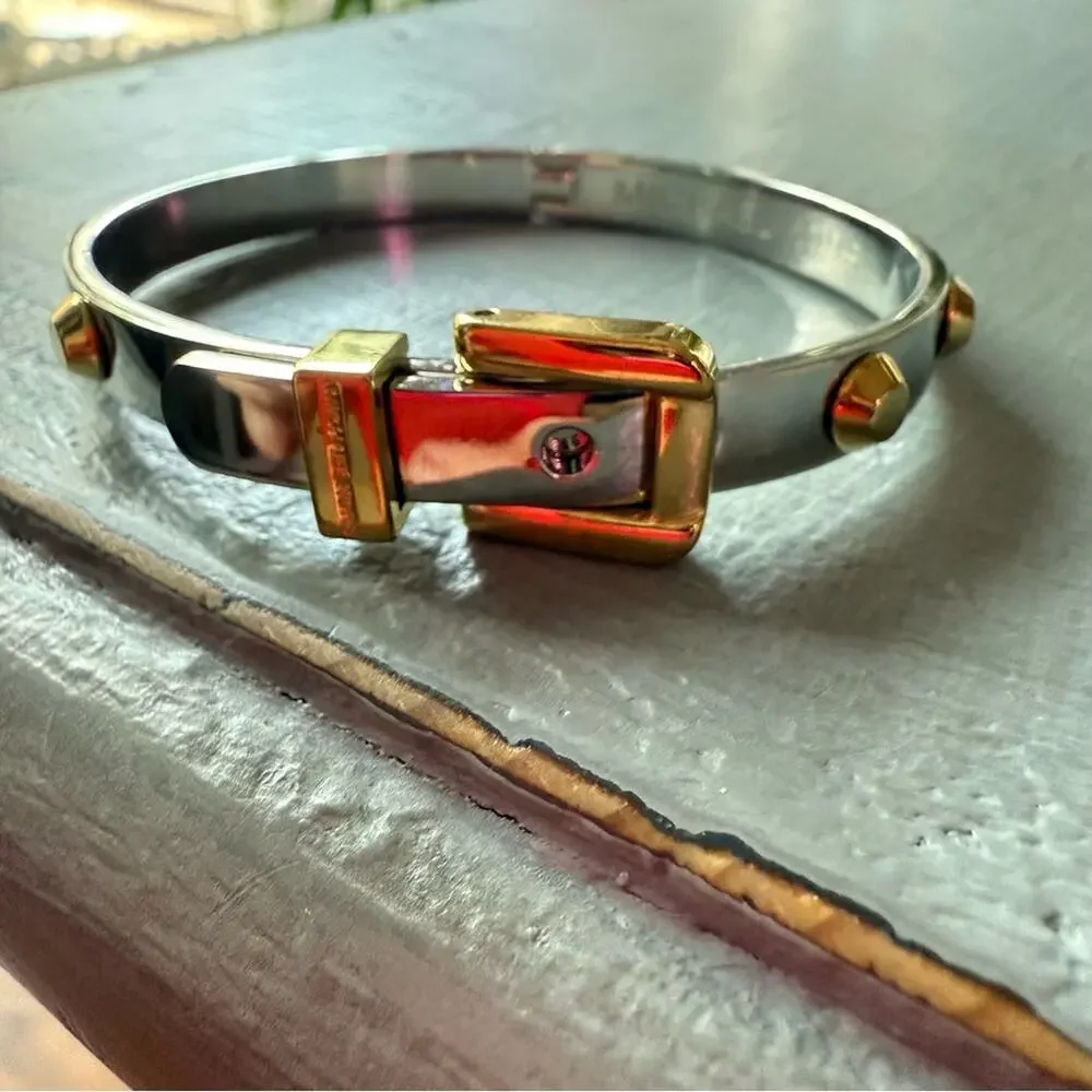 Michael Kors Silver & Gold Tone Buckle Hinged Bangle Bracelet